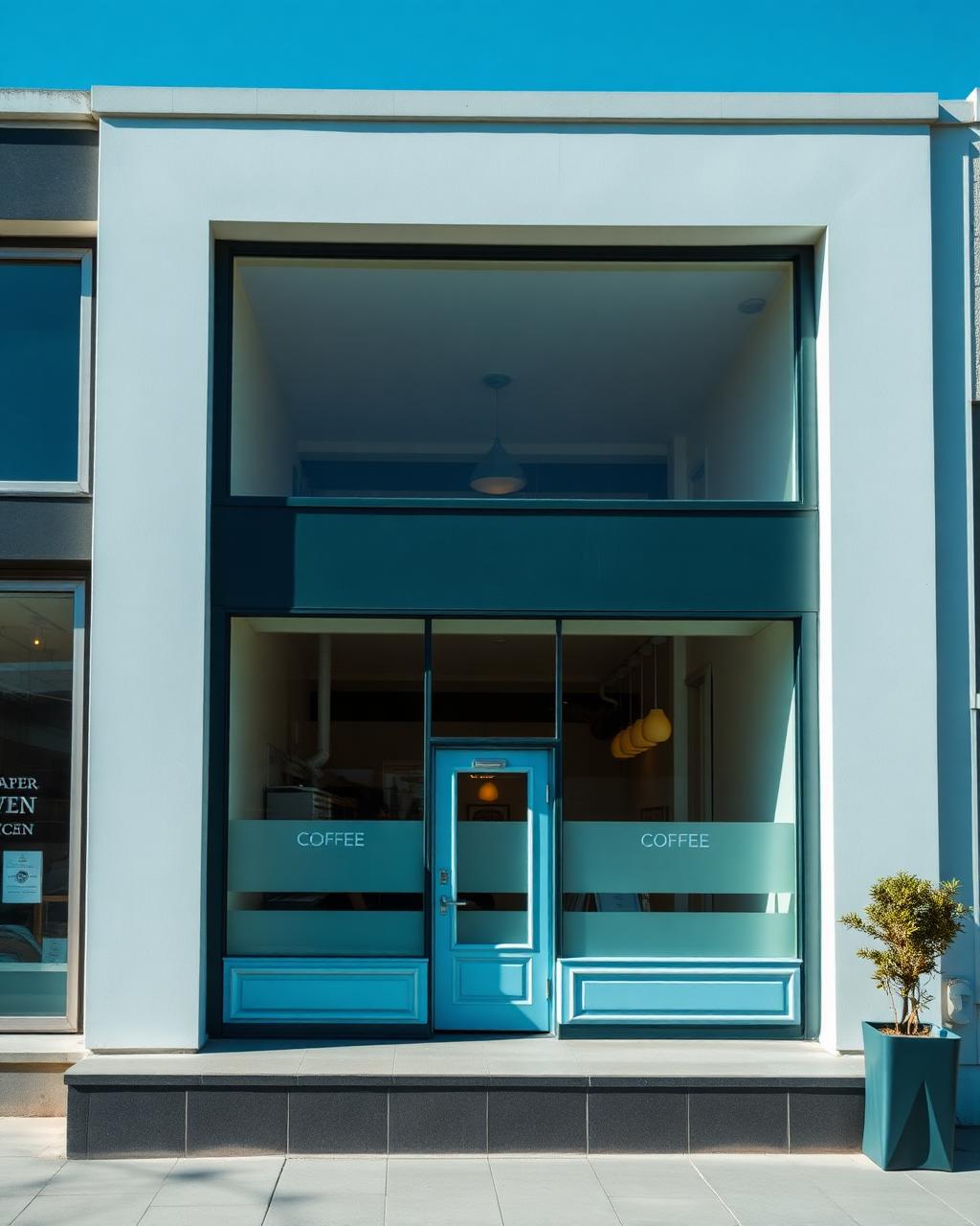 Fachada moderna e clara de um negócio local em tons de azul